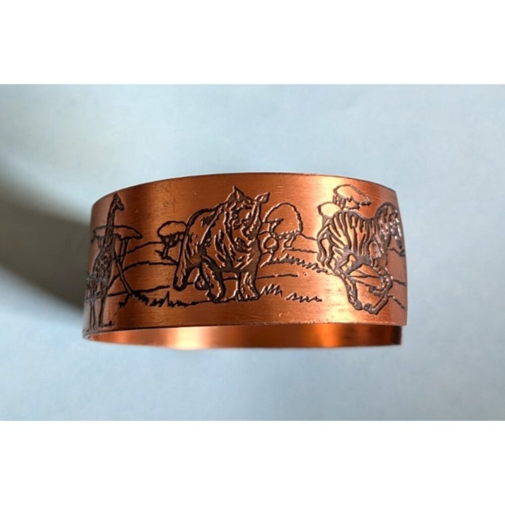 Vintage Mid-Century Pure Copper Cuff Bracelet Engraved African Animals 1 in.